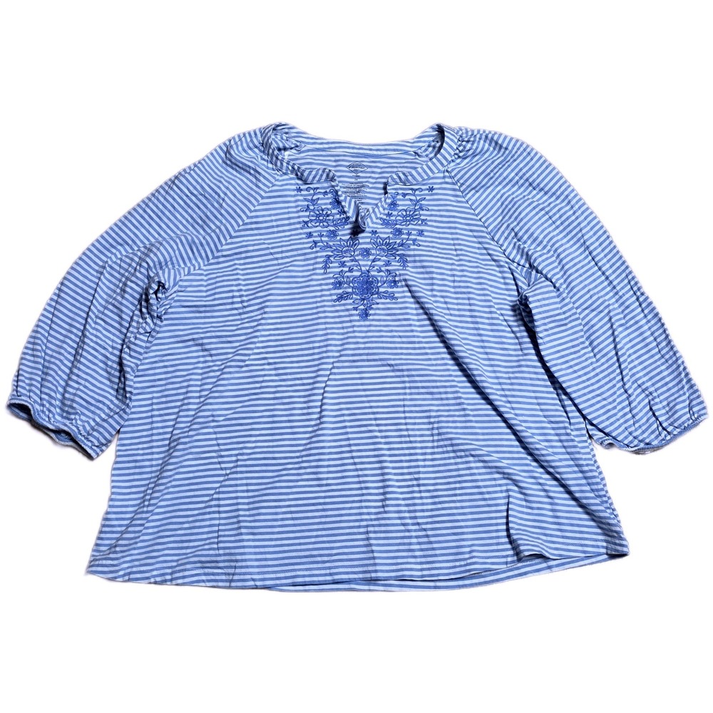 St Johns Bay Striped Embroidered Tunic Top Women's Size 2X Blue White 3/4 Sleeve